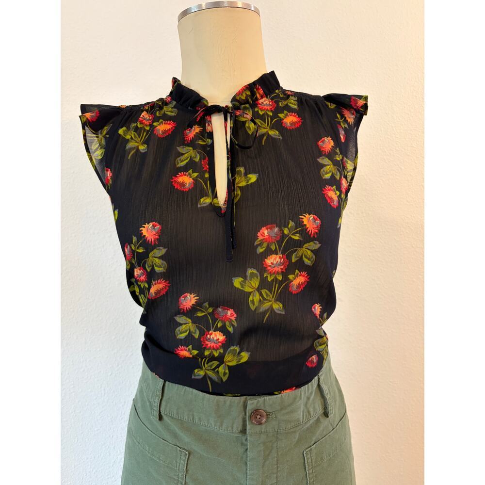 Mrs Rivero Floral Sheer Ruffle Sleeve Blouse Women’s XS Black Cottagecore